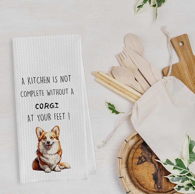 Funny Corgi Dish Towels Set - Waffle Weave Kitchen Hand Tea Towels for Bathroom, Decorative Gift for Corgi Lovers (1624 Inches, Set of 2)