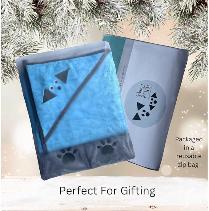 Penny & Niko Multi Purpose Microfiber Pet Towel and Mitt Set - Cat, Dog Drying Towel/Hooded Robe and Paw Cleaning Gloves - 30x30 inches - Blue/Gray Set