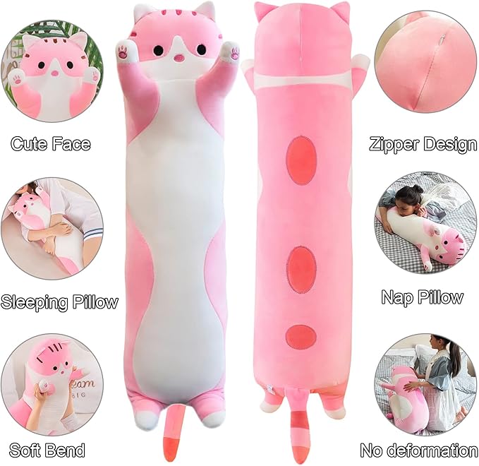 Giant Cat Pillow Plush Cartoon Kitty Sleeping Hugging Pillow, Cuddly Soft Long Kitten Body Pillow Doll Cat Cushion Toy for Kids Girlfriend (Pink, 90cm/35.4inch)