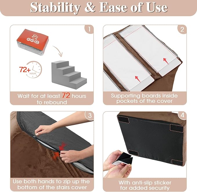 GGIB Dog Stairs for Small Dogs Cats Non-Slip Dog Steps for High Bed Pet Stairs for Sofa Couch Pet Ramp Pet Steps with Removable Washable Cover, Brown, 17" H, 4-Step