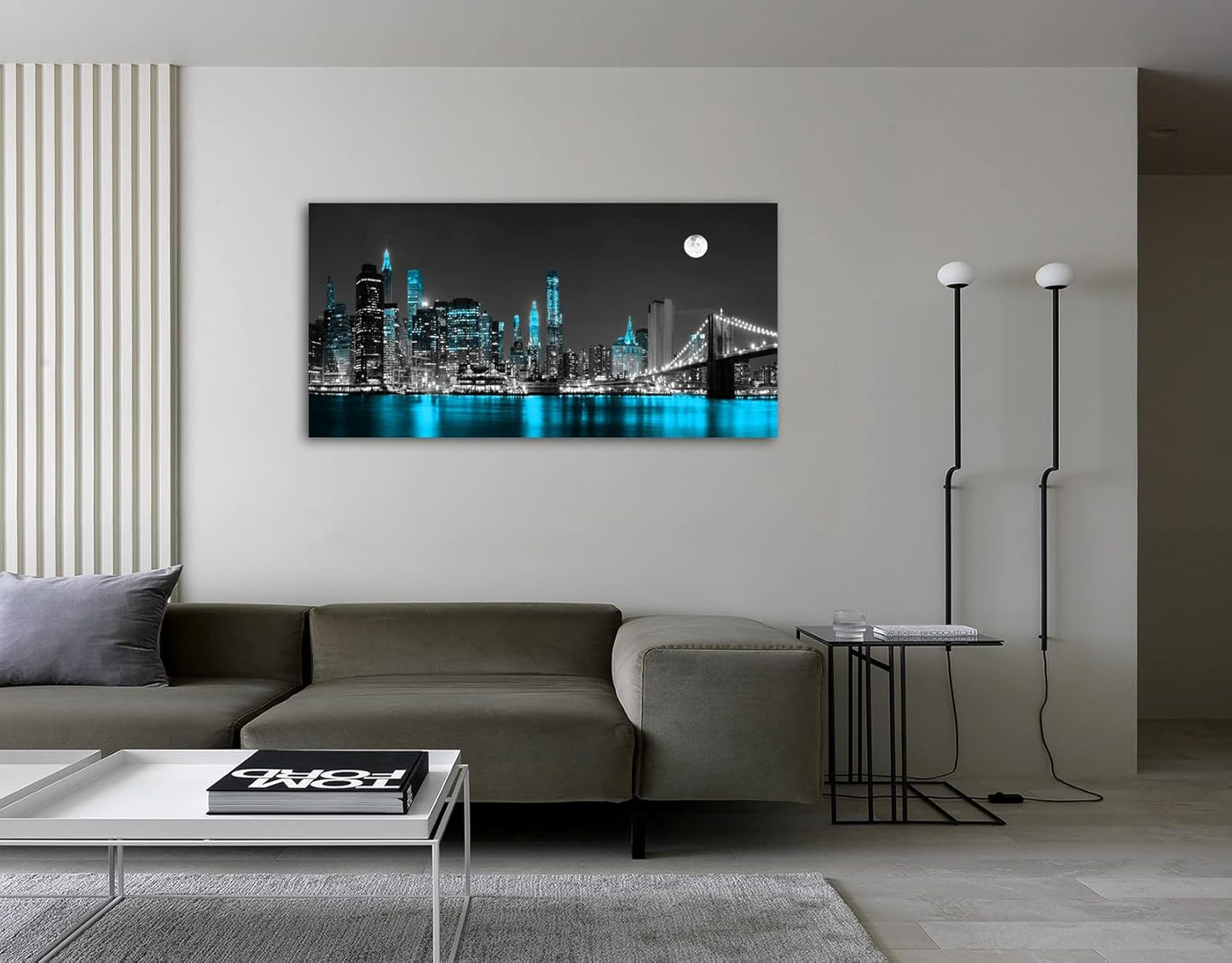 Jiuqinghua Wall Art Decor Canvas Print Picture 1 Panel Black White and Blue New York Brooklyn Bridge Cityscape Night Building Painting for Kitchen Office Home Decor Framed Ready to Hang 20x40inch