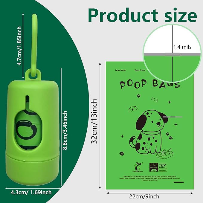 100% plant-based Dog Poop Bags Rolls, ASTM D6400 & EN 13432 Compliant, 120 Poop Bags including dispenser, 13 in × 9 in green poop bags for dogs, Super thick 100% leak proof