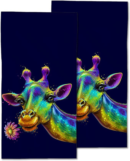 Giraffe Hand Towels Set of 2 - Colorful Fingertip Polyester Cotton Soft Bath Towels for Bathroom, Kitchen, Hotel, Spa - 14"X28"