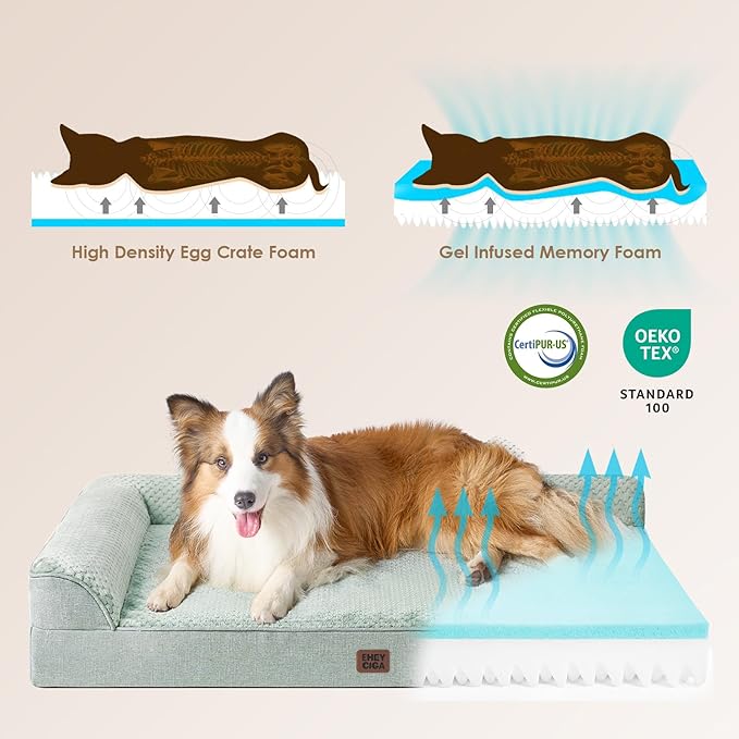 EHEYCIGA XXL Dog Bed Memory Foam, Orthopedic Giant Dog Bed Jumbo with Washable Removable Cover, Waterproof Pet Sofa Couch with Nonskid Bottom, 48x35x7.5, Greyish Green