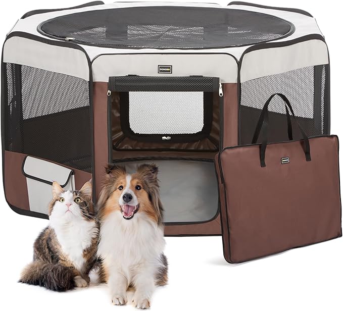 DONORO Dog Playpen Portable Pet Play Pens for Small Dog/Cat/Rabbit/Chicks, Cat Playpen Indoor/Outdoor with Carring Case, Removable Zipper Top and Bottom (Brown, Medium (35"x35"x20"), 8)