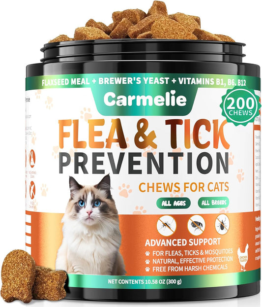 Flea and Tick Treatment for Cats - 200 Chews Flea and Tick Prevention for Cat Chewables - Flea Treatment for Cats All Breeds & Ages - Natural Cat Fleas and Ticks Defense - Chicken Flavor