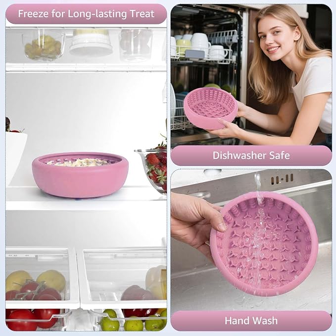 Dog Lick Bowl, ZOURYNUA Non-Slip Slow Feeder Dog Bowls, Enrichment Licking Mat for Distraction, Anxiety Relief Treat Dispenser Freezer, BPA Free Silicone & Dishwasher Safe (Pink, Large)