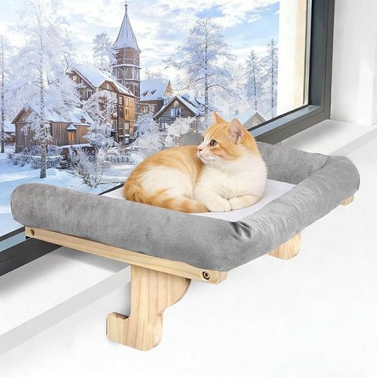 Cat Window Perch with Bolster, Large Hammock Bed for Indoor Cats, Solid Wood & Metal Frame Mounted Perch, Cozy Sunbathing Lounge Bed, 25” Wide (Grey Bed)