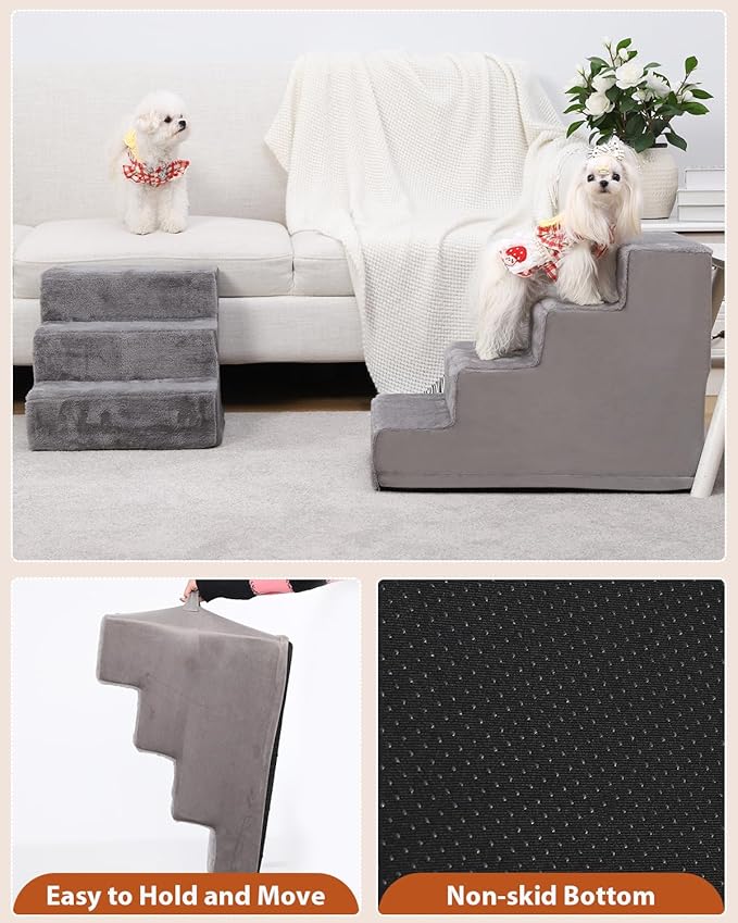 Dog Stairs for Small Dogs,13" 3-Step Pet Stairs for Couches，Dog Steps with Non-Slip Bottom and Removable Cover Indoor Outdoor,Grey