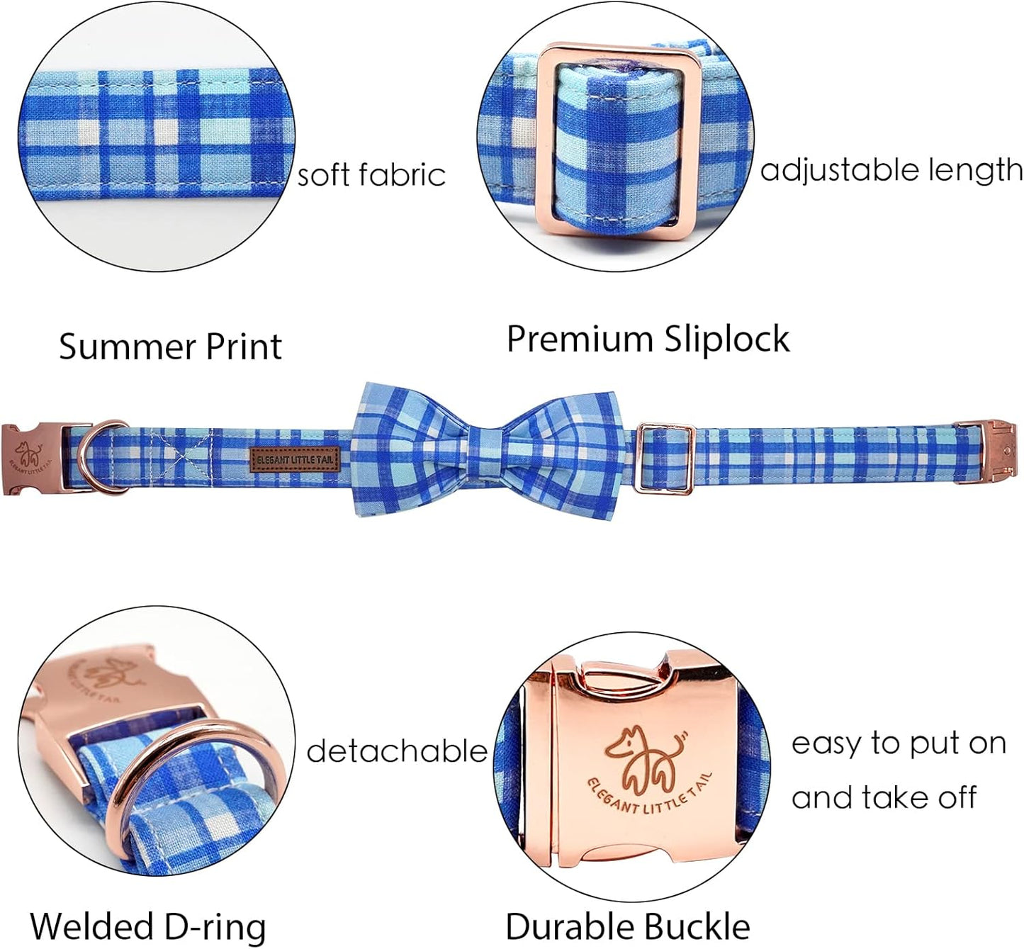 Elegant little tail Dog Collar with Bow - Blue Plaid Boy Dog Collar Cute Bowtie Pet Collar Adjustable Dog Collar for Large Dog