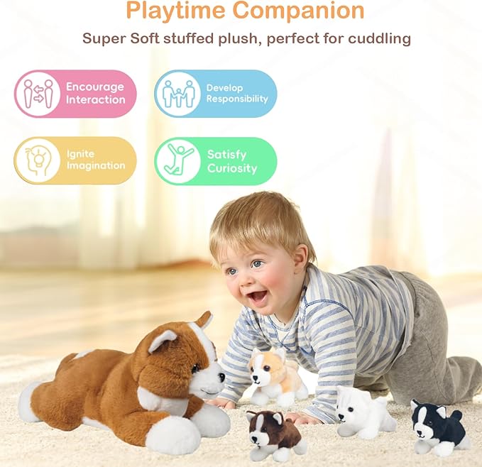 5 Pieces Dog Stuffed Animal, Corgi Stuffed Animal with Babies Inside - 1 Mommy Stuffed Dog Plush Toy with 4 Puppies, Puppy Stuffed Animals Surprise for Kids Boys Girls Easter Birthday Christmas Party