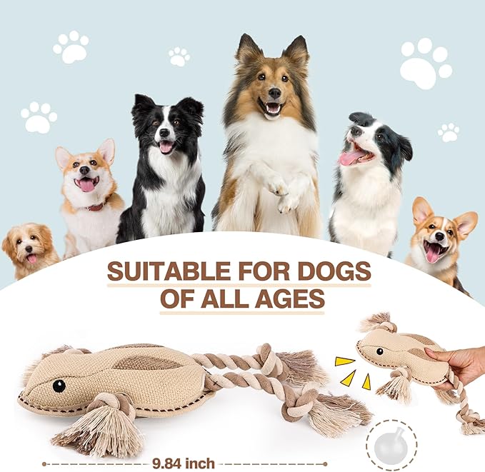 Nature Tough Ramie Cotton Fabric Durable Squeaky Dog Toys for chewers Interactive to Keep Them Busy, Funny Tug of War Dogs Toy for Small Medium Large Cute Birthday Gift (Frog)
