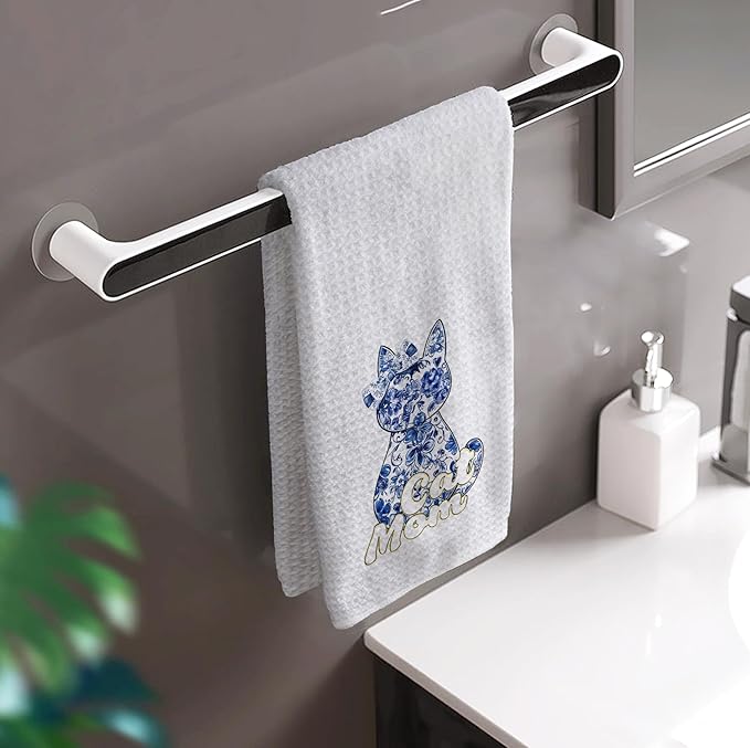 HIWX Cat Mom Kitchen Towels, Blue Chinoiserie Floral Kitty Decorative Kitchen Dish Towels, Cat Mom Lady Lovers Owners Gifts for Women Hand Towels for Bathroom Decor, 16x24 Inches