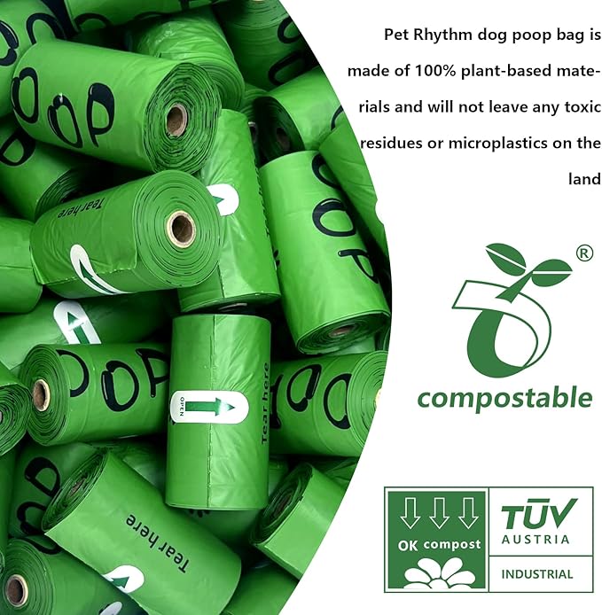 100% plant-based Dog Poop Bags Rolls, ASTM D6400 & EN 13432 Compliant, 120 Poop Bags including dispenser, 13 in × 9 in green poop bags for dogs, Super thick 100% leak proof