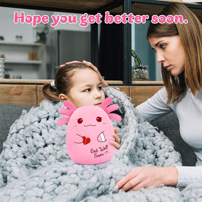 Get Well Soon Axolotl Plush Toy, Pink Axolotl Get Well Soon Gift for Kids Women,Soft Stuffed Animal Cute Pink Huggable Pillow Kawaii Plushies Gift for Girls Boys