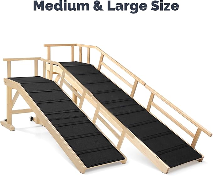 Dog Ramp for Bed or Couch, Wooden Pet Ramp with 20° Gentle Slope, Removable Side Rails, Non-Slip Surface, Top Platform & Wheels, Safe Bed Ramp for Small, Medium & Senior Dogs, 74" Long, Natural