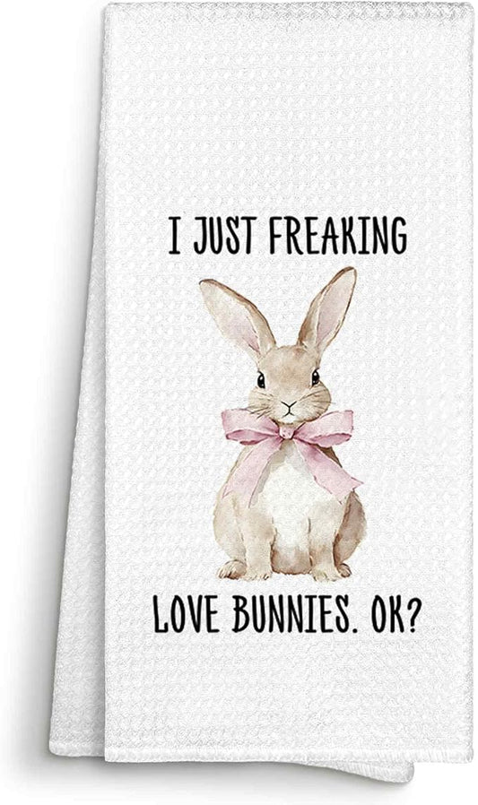 I Just Freaking Love Bunnies Kitchen Towels Decorative Gifts for Rabbit Lovers 16x24, Rabbit Dish Towel Cloths Dishcloths Tea Towel, Easter Bunny Bathroom Kitchen Hand Towel Decor
