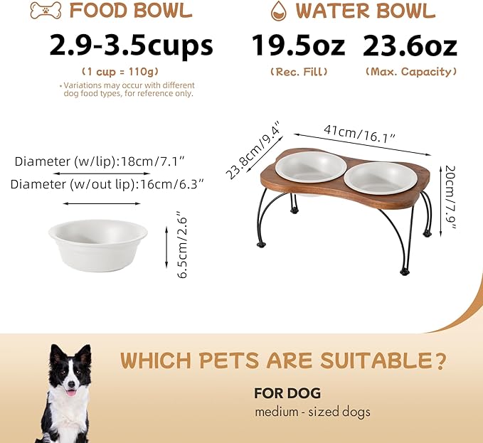 Ceramic 7.1-inch Raised Double-Bowl Set with Non-Slip Stand, 2.5 Cup Food or 24 oz Water Dishes for Medium and Dogs, Wide Opening with Rounded Edges(Matt White)