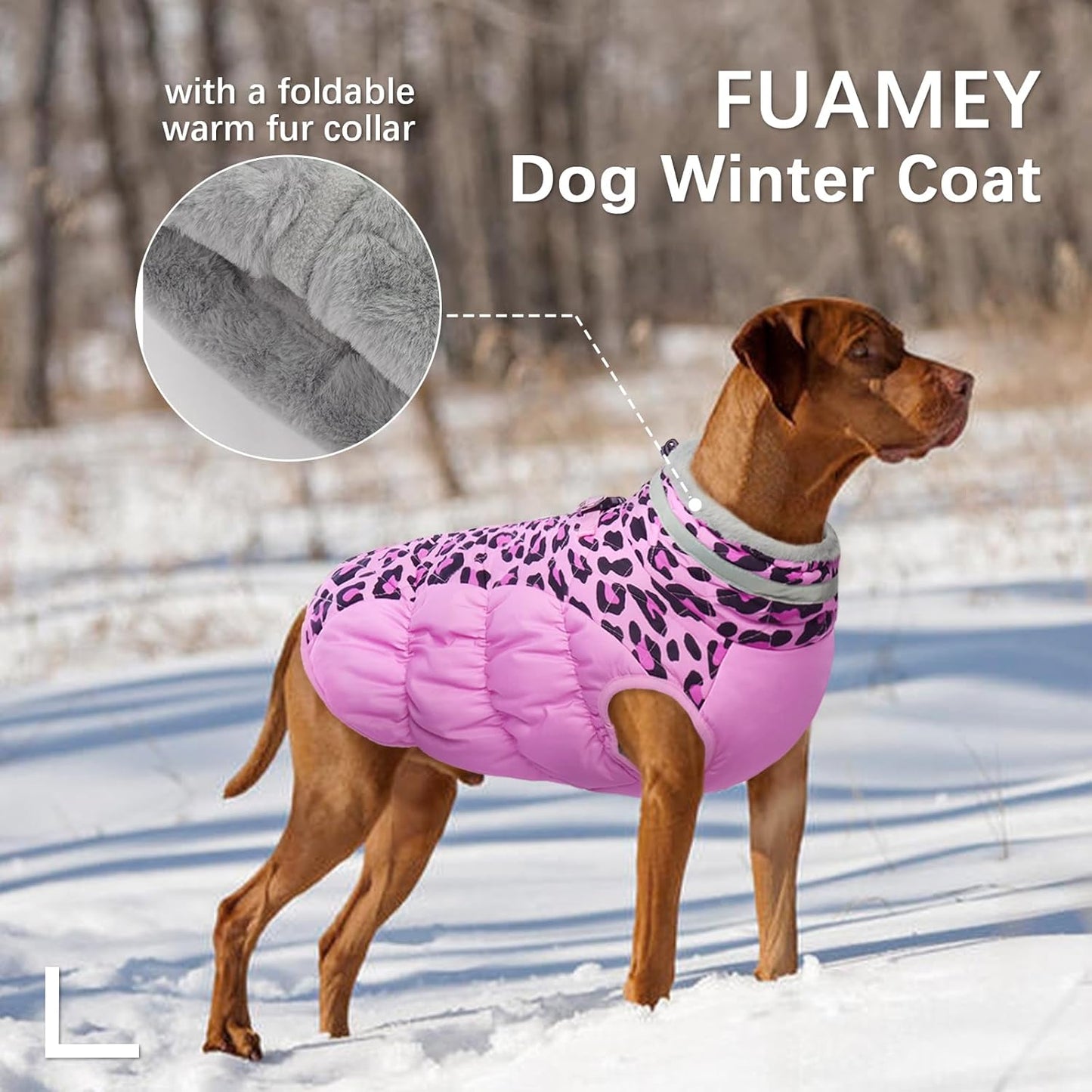 FUAMEY Dog Coat for Large Dogs,Waterproof Dog Winter Jacket with Harness Built in Puppy Cold Weather Coats Reflective Pet Vest with Zipper Warm Fleece Dogs Snowsuit Windproof Pink Leopard L