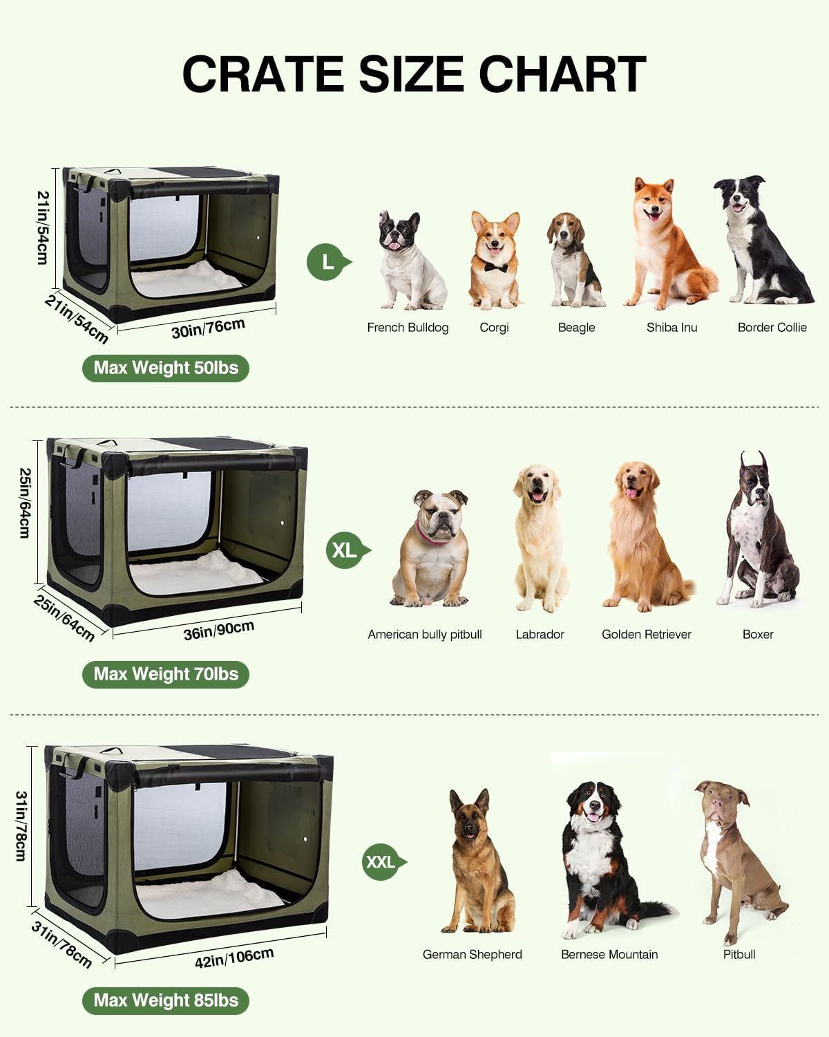 42 Inch Collapsible Travel Dog Crate for Medium Large Dogs, Portable Dog Crate 4-Door Foldable Soft Kennel with Durable Mesh Windows for Indoor & Outdoor Travel, with Storage Bag,Green