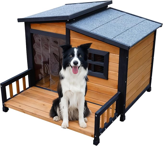 GARWOOD Large Outdoor Indoor Wooden Dog House for Small Large Dog Kennel Wood Sturdy Pet Puppy Warm Home with Durable Weatherproof Asphalt Roof Insulated Elevated Floor Outside Shelter Brown 39x37x30“