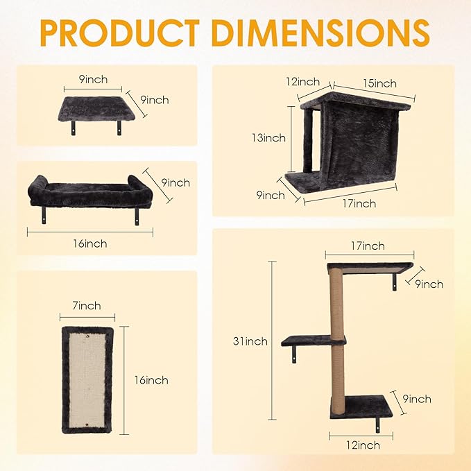 5 in 1 Large Cat Wall Shelves Hanging Tree Perch Bed Shelf Climbing Systems with Hammock