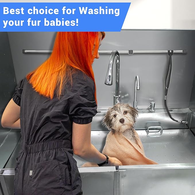50" Dog Washing Station, Professional Stainless Steel Pet Dog Bathing Station with Ramp, Faucet, Storage Drawer, Floor Grate Dog Bathtub for Large, Medium, Small Pets (Right Ramp)