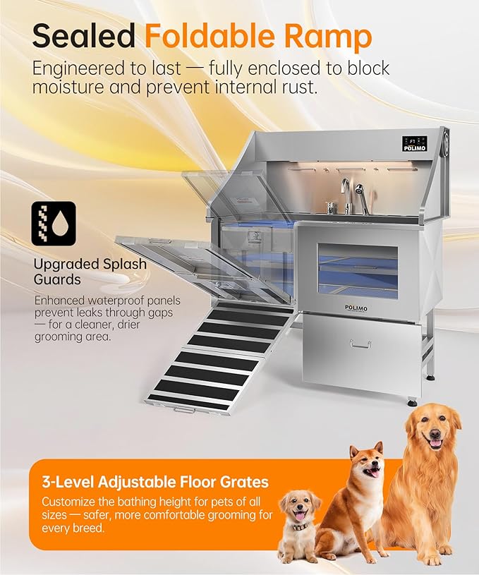polimo Dog Wash Station with Pet Dryer & LED, Professional Dog Bathing Station for Large, Medium & Small Dogs – with Window, Ramp, Drawer, Floor Grate, LED Display & Faucet (Left RAMP & Dryer, 50")