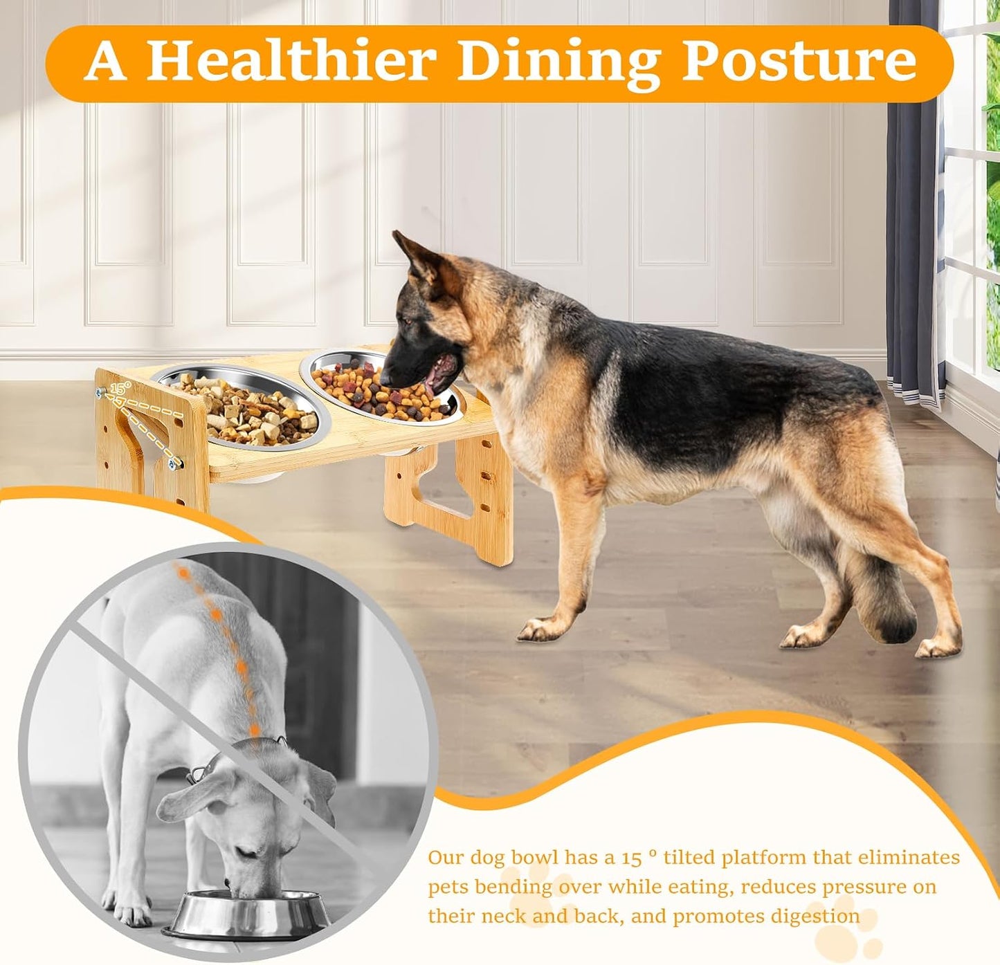 Elevated Dog Bowls, 15° Inclined Raised Pet Feeder, 2" to 7.7" 5 Adjustable Height w 2 Stainless Steel 6.2" Water Food Bowl, Cat Food & Water Dish w Wooden Stand for Medium Size, Small & Large Breed