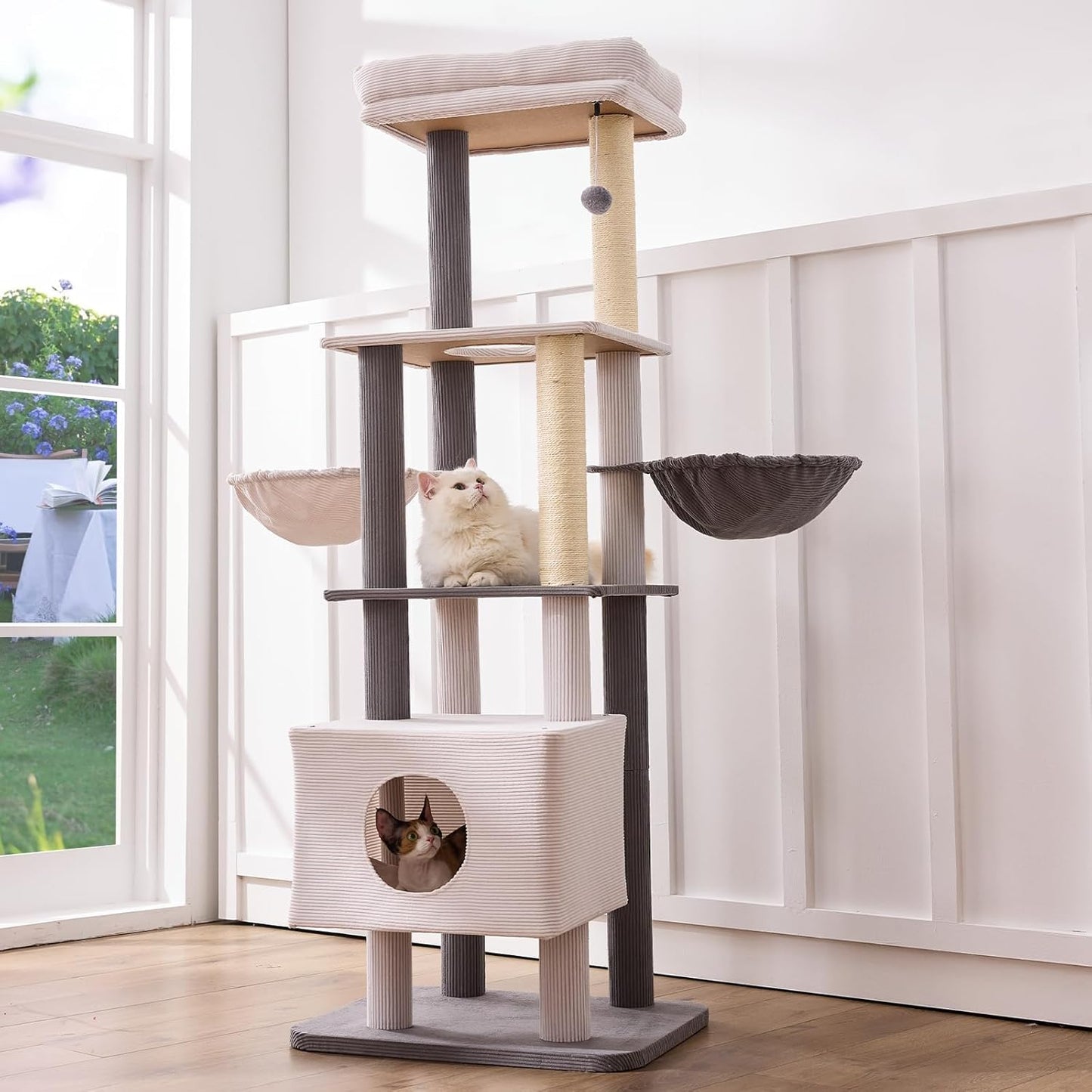 Gardner Pet 65in Heavy Duty Cat Tree Tower for Large Cats, Multi-Level Cat Furniture with Replaceable Sisal Scratching Post, Hammock | Extra-Large Platform & Condo Easy to Clean (Corduroy)