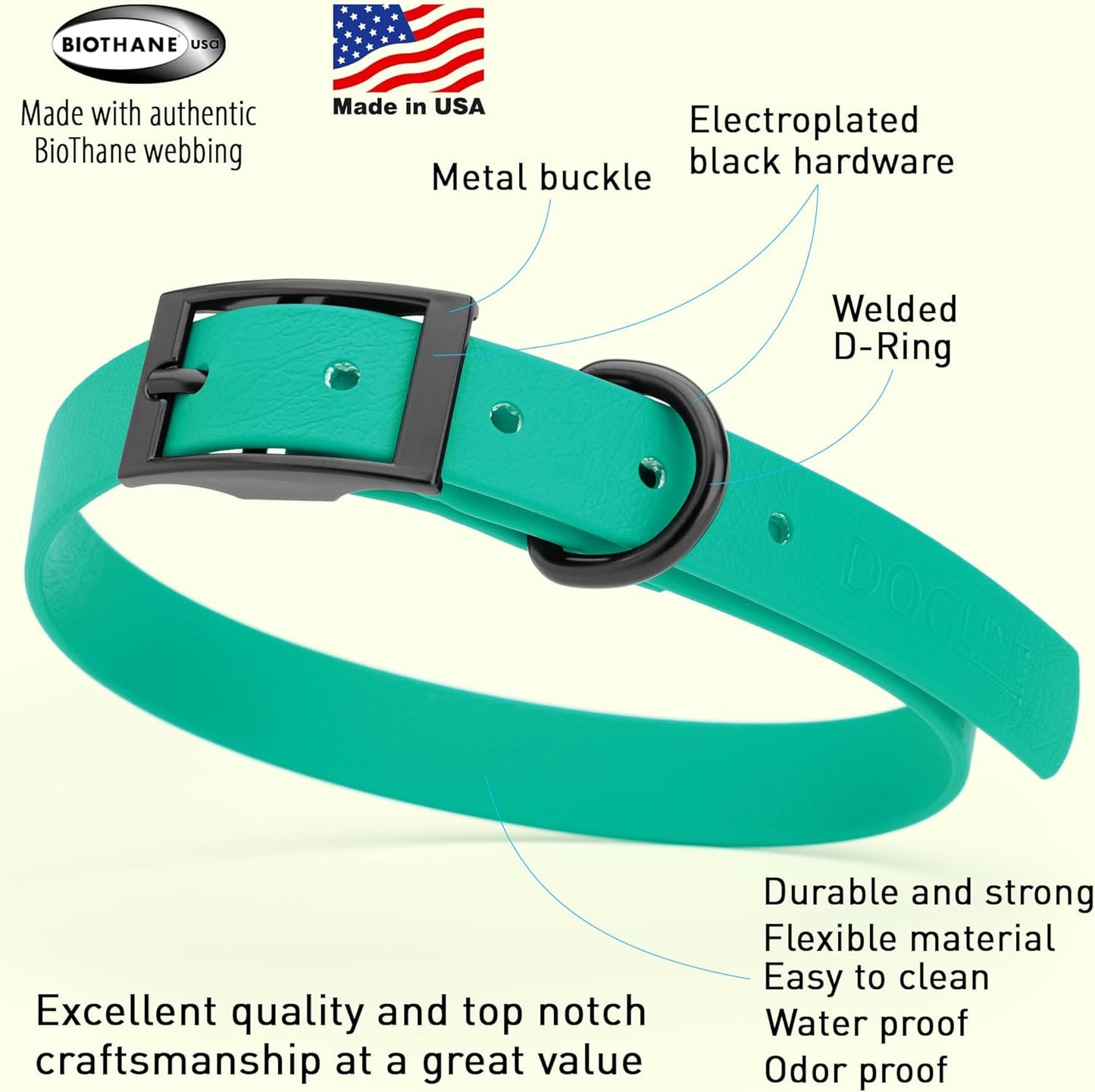 Dogline Biothane Waterproof Dog Collar Strong Coated Nylon Webbing with Black Hardware Odor- Proof for Easy Care Easy to Clean High Performance Fits Small Medium or Large Dogs, Teal