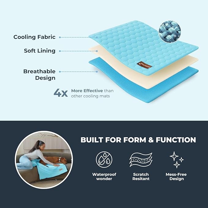 Pelsbarn Dog Cooling Mat- Ice Silk Summer Comfort, Self Cooling, Non-Slip Dog Pad, Durable & Washable, Mat for Small Dogs 18"" x 21"", Support Shelter Dogs with Every Purchase (Blue)