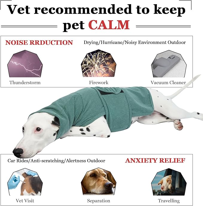 ROZKITCH Dog Anxiety Vest Calming Jacket with Hoodie Ears Cover Ear Wrap for Noise Reduction for Fireworks Travel Vet Visit Separation Anxiety Relief, Calming Shirt Wrap Green M