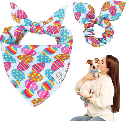 E-Clover Easter Dog Bandana & Matching Scrunchie Set Egg Dog Bandanas Scarf with Bunny Hair Tie for Small Puppy Dogs Pet Owner