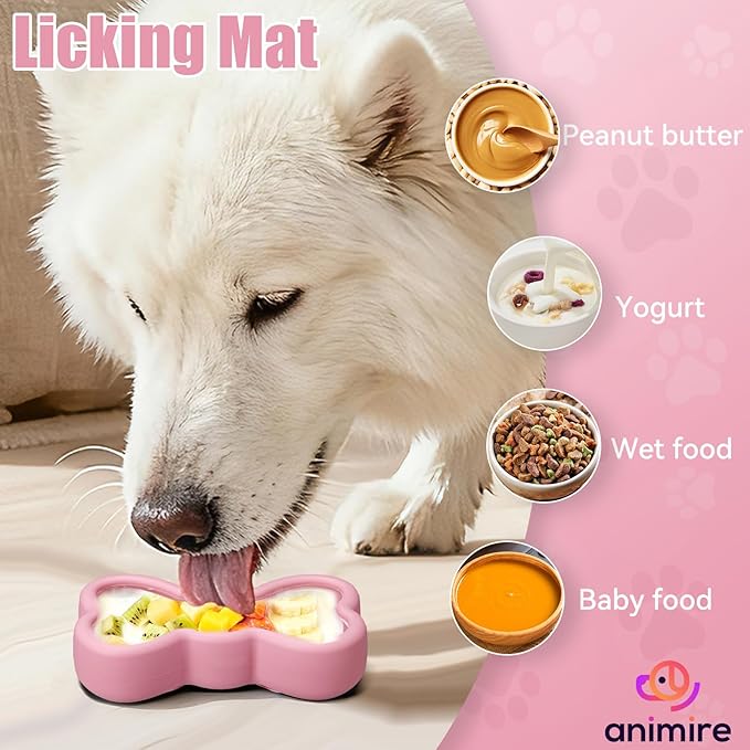 Lick Mat for Dogs, Animire Anti-Spilled Bow Tie Lick Bowls for Anxiety Relief, Silicone Slow Feeder Licking Pad with Suction Cups, Freezeable Dog Enrichment Toy for Boredom and Distraction(Pink,L)