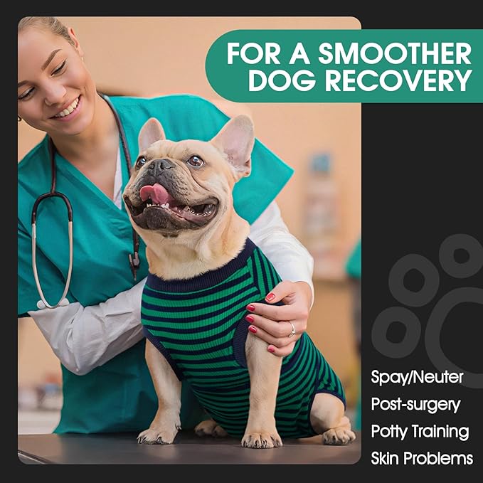 FUAMEY Recovery Suit for Dogs After Surgery,Soft Breathable Dog Bodysuit E-Collar & Cone Alternative Surgical Suit,Male Female Dog Neuter Spay Suits Anti Licking Wounds Onesie Green Black Stripes M