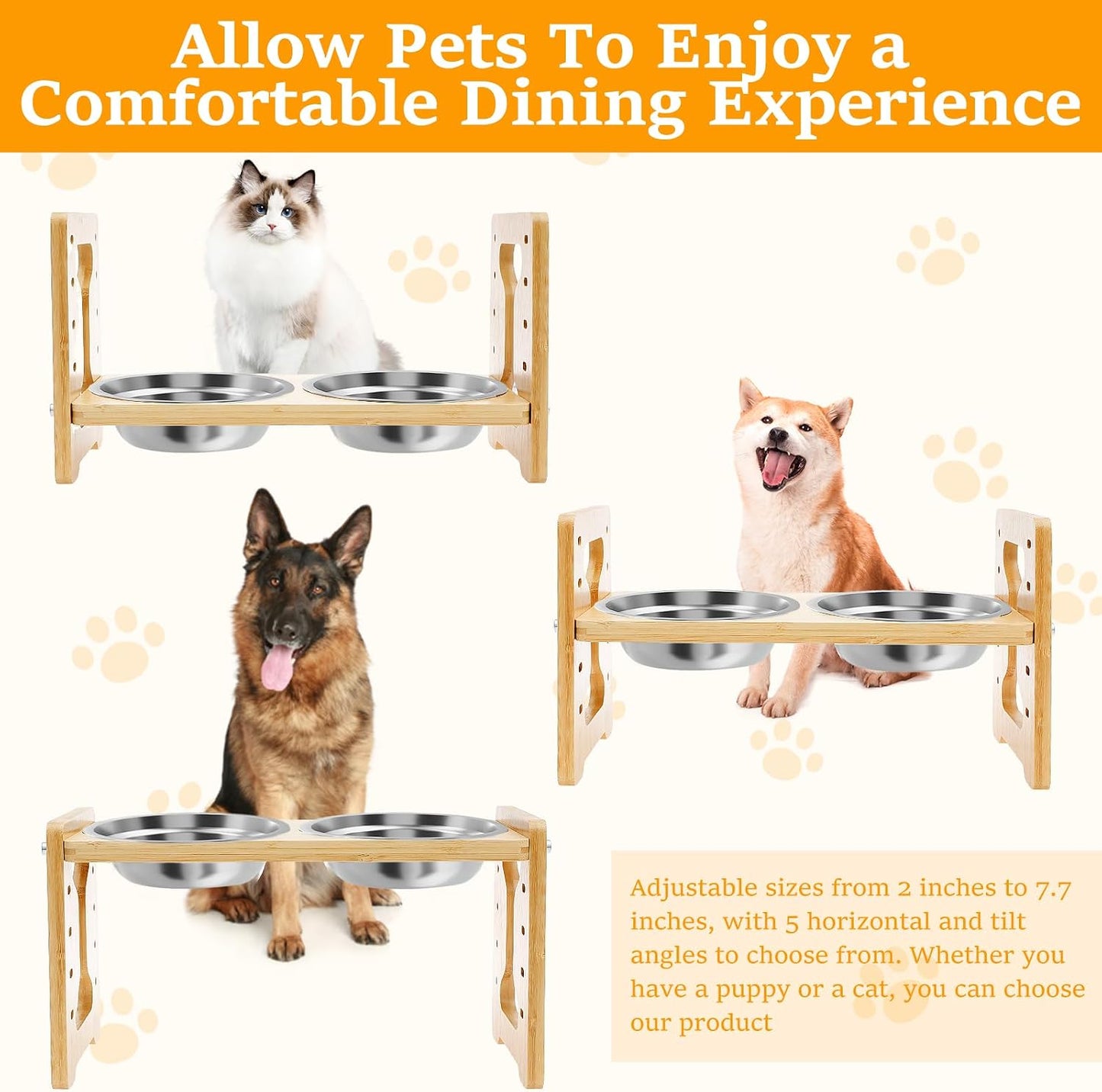 Elevated Dog Bowls, 15° Inclined Raised Pet Feeder, 2" to 7.7" 5 Adjustable Height w 2 Stainless Steel 6.2" Water Food Bowl, Cat Food & Water Dish w Wooden Stand for Medium Size, Small & Large Breed