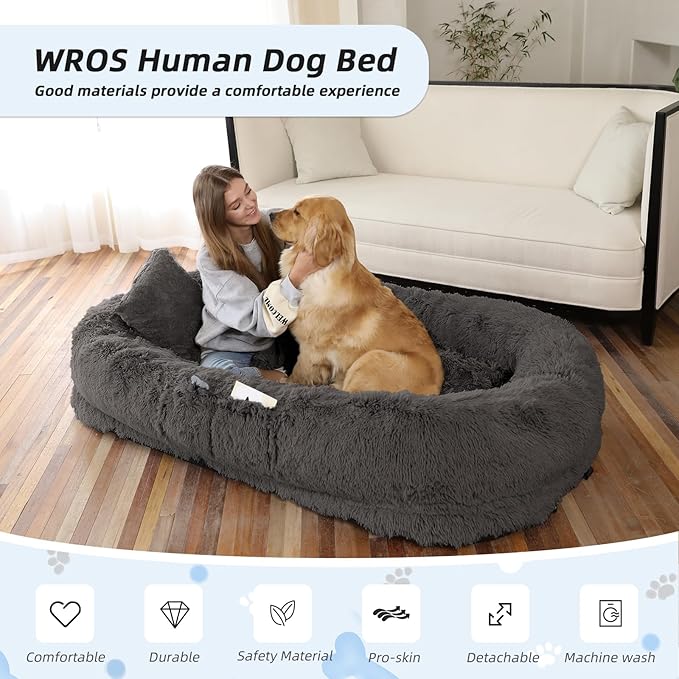 Human Dog Bed, 71''x45''x12'' Size Fits You and Pets, Washable Faux Fur Pet Bed for People Doze Off, Napping Orthopedic Dog Bed, Present Plump Pillow, Blanket, Strap - Dark Grey