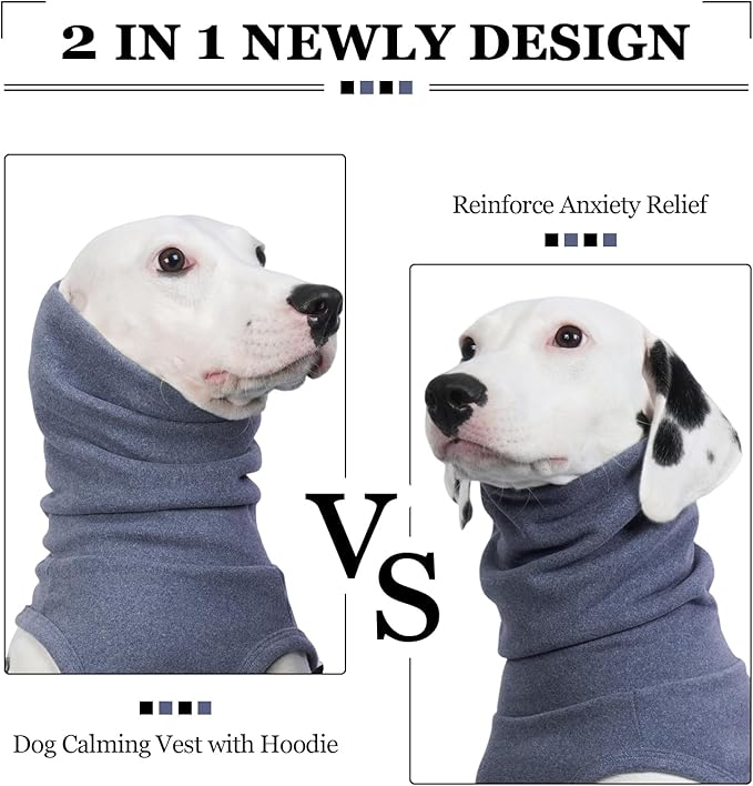 ROZKITCH Anxiety Vest for Dog, Pet Neck Wrap with Hoodie Shirt Soft Ears Cover, Thunder Jacket for Dogs Anxiety for Fireworks Travel Vet Visit 4th of July Holiday Christmas Blue L