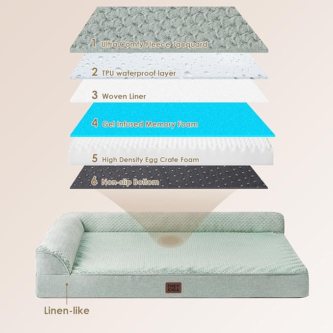 EHEYCIGA XXL Dog Bed Memory Foam, Orthopedic Giant Dog Bed Jumbo with Washable Removable Cover, Waterproof Pet Sofa Couch with Nonskid Bottom, 48x35x7.5, Greyish Green