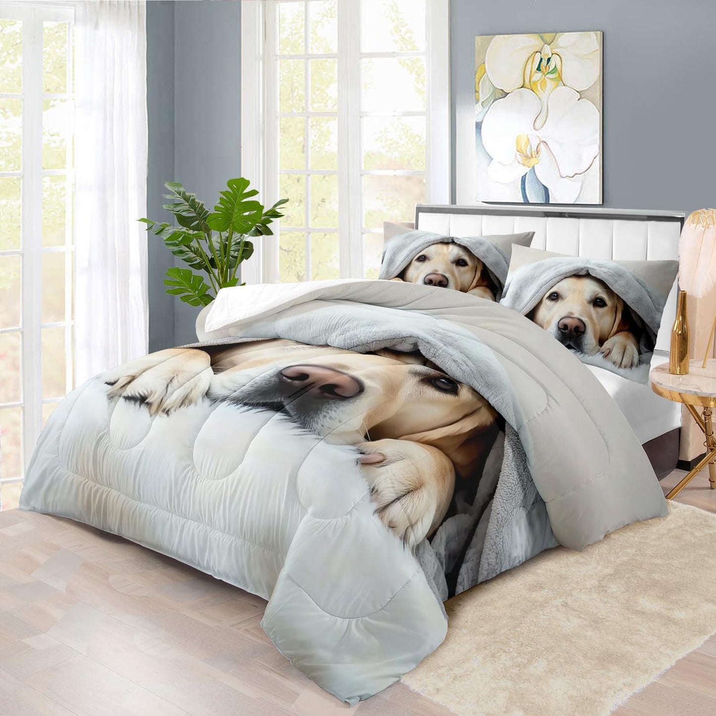 Grey Dog Comforter Set Full Size Boy,Kawaii Pet Dog Animal Print Bedding Set for Girl,Cute Pet Puppy Print Comforter Quilt for Boys,Kawaii Animal Puppy Dog Pals Bedding Bedroom Bed Decor