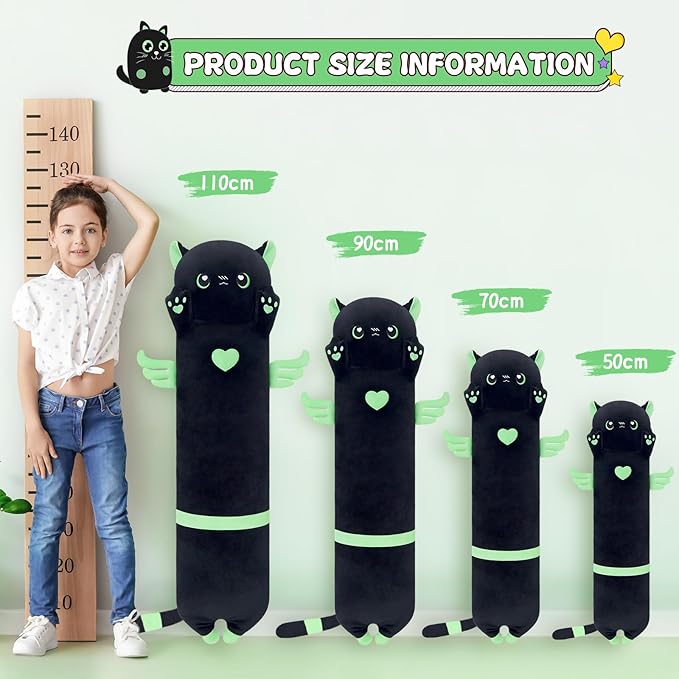 Giant Green Cat Plush, Kitten Body Pillow - Long Cute Stuffed Animals (70cm/27.5inch)