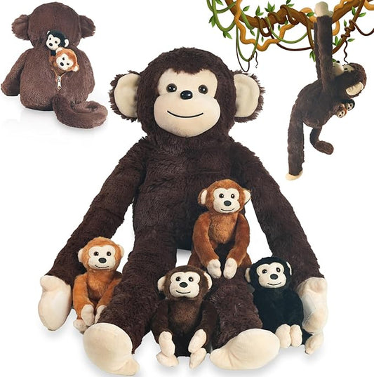 5 PCS Monkey Stuffed Animal, Large Mommy Stuffed Monkey Toy with 4 Baby Monkeys in Zippered Pouch, Huggable Monkeys Plush for Kids Forest Party Decor Christmas Birthday Gifts