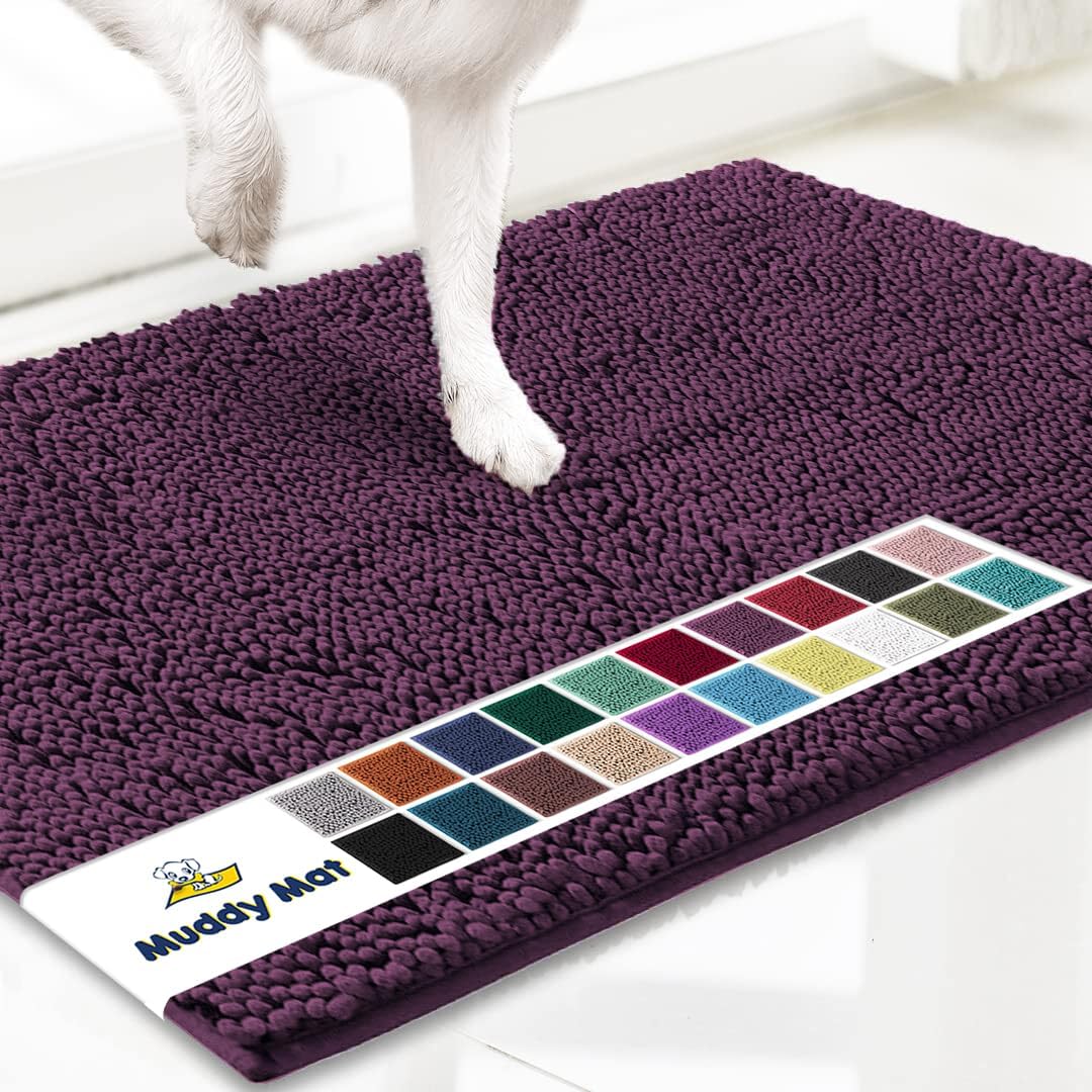 Muddy Mat® AS-SEEN-ON-TV Highly Absorbent Microfiber Door Mat and Pet Rug, Non Slip Thick Washable Area and Bath Mat Soft Chenille for Kitchen Bedroom Indoor and Outdoor - Dark Purple 24" x 120"