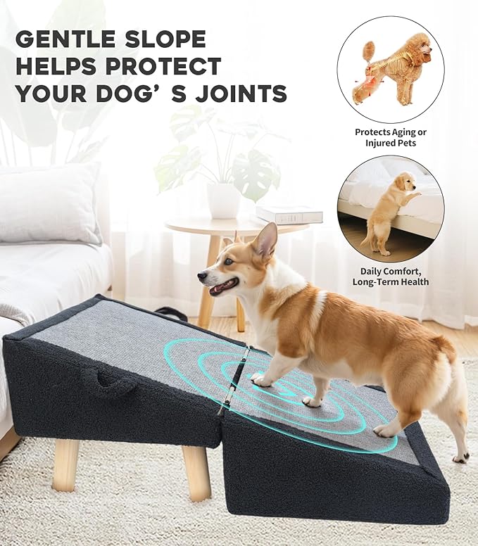 Dog Stairs for Small Dogs and Cats – 2-in-1 Dog Ramp for Bed and Couch, 16.5'' Foldable Wooden Pet Steps, Sturdy Multi-Use Split Ottoman Design, Dark Blue