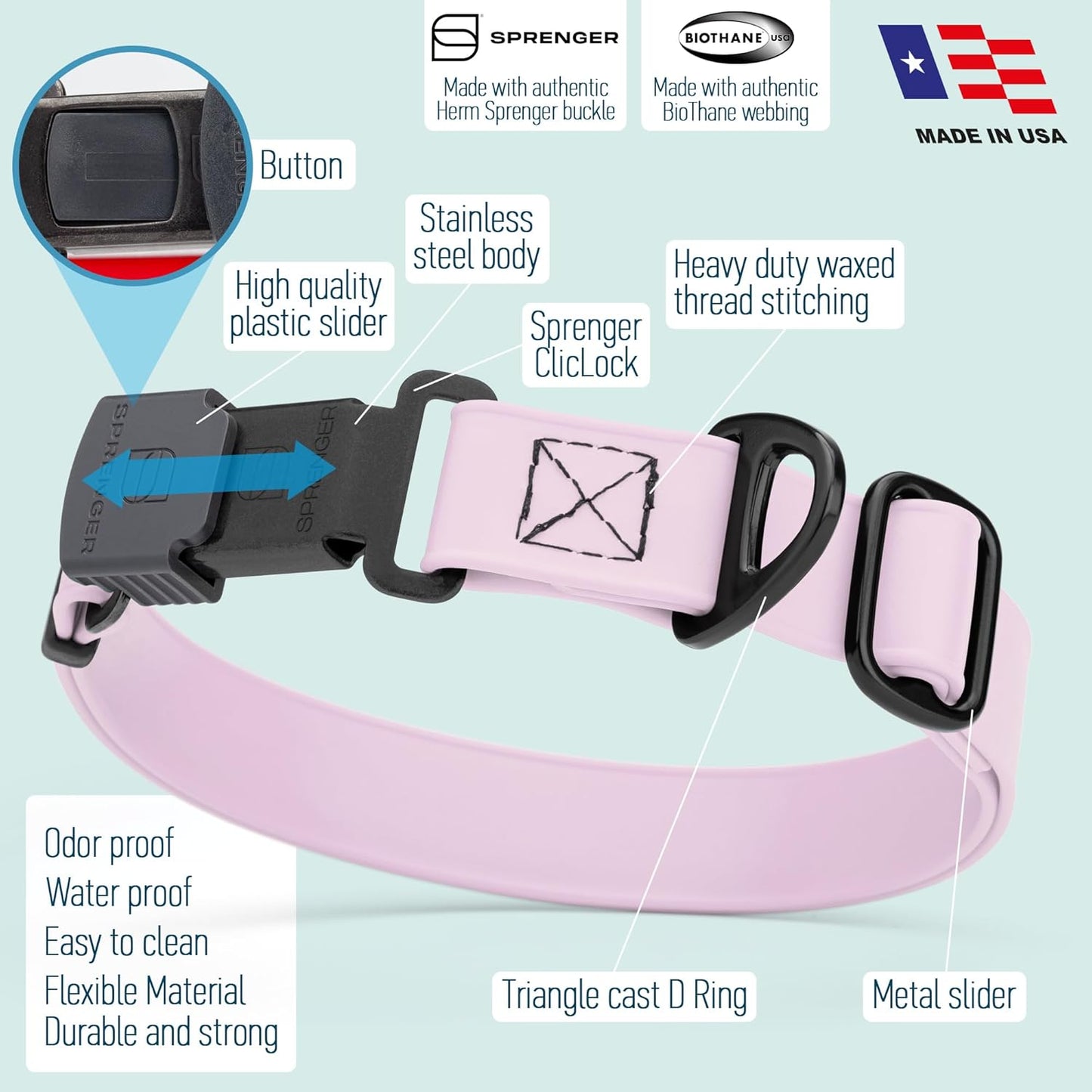 Dogline Biothane Waterproof Dog Collar with Herm Sprenger Stainless Steel Quick Release Buckle – Heavy Duty Tactical Durable Collar for Dogs – Comfortable and Safe Pet Collar, W 3/4" L 12-19", Pastel