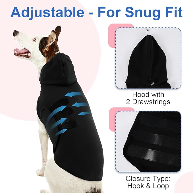 Anxiety Relief Shirt for Small Dogs with Hood -S | Adjustable Chest & Ear Cover,Lightweight Calming Vest Wraps Body,Relief Stress for Separation,Fireworks,Travel (Black)