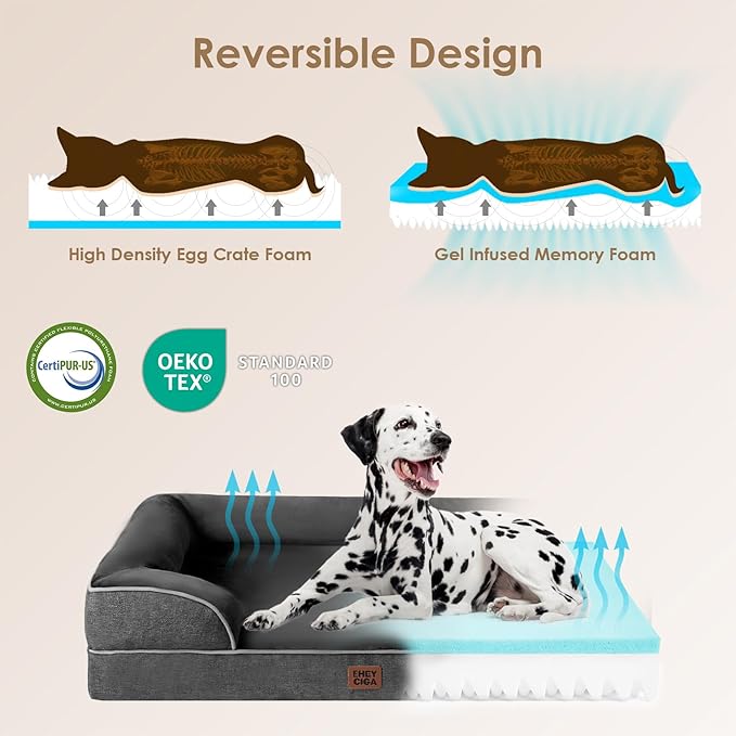 EHEYCIGA Orthopedic Dog Beds for Extra Large Dogs, Waterproof Memory Foam XL Pet Bed with Sides, Non-Slip Bottom and Egg-Crate Foam Big Dog Couch Bed with Washable Removable Cover, Dark Grey