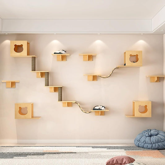 Cat Wall Shelves and Furniture Set with Condos, Perches, Bridge Ladders, Sisal Scratching Posts - Steps and Houses for Cats (B)