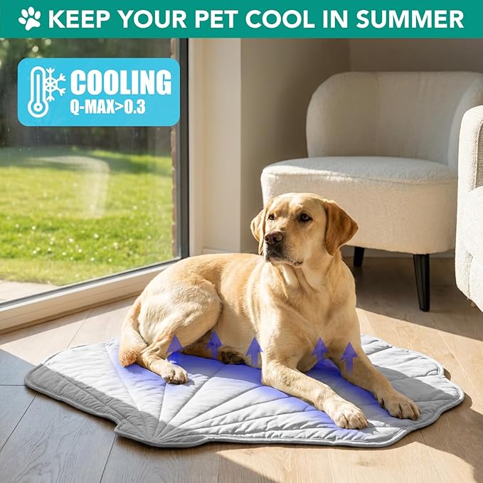 PetAmi Dog Cooling Mat, Sea Shell Shape, Reversible Cooling Nylon Blanket Soft Fleece Pet Pad for Dogs Cats, Summer All Season Use Q-Max>0.3, Small 33x39 in, Light Grey